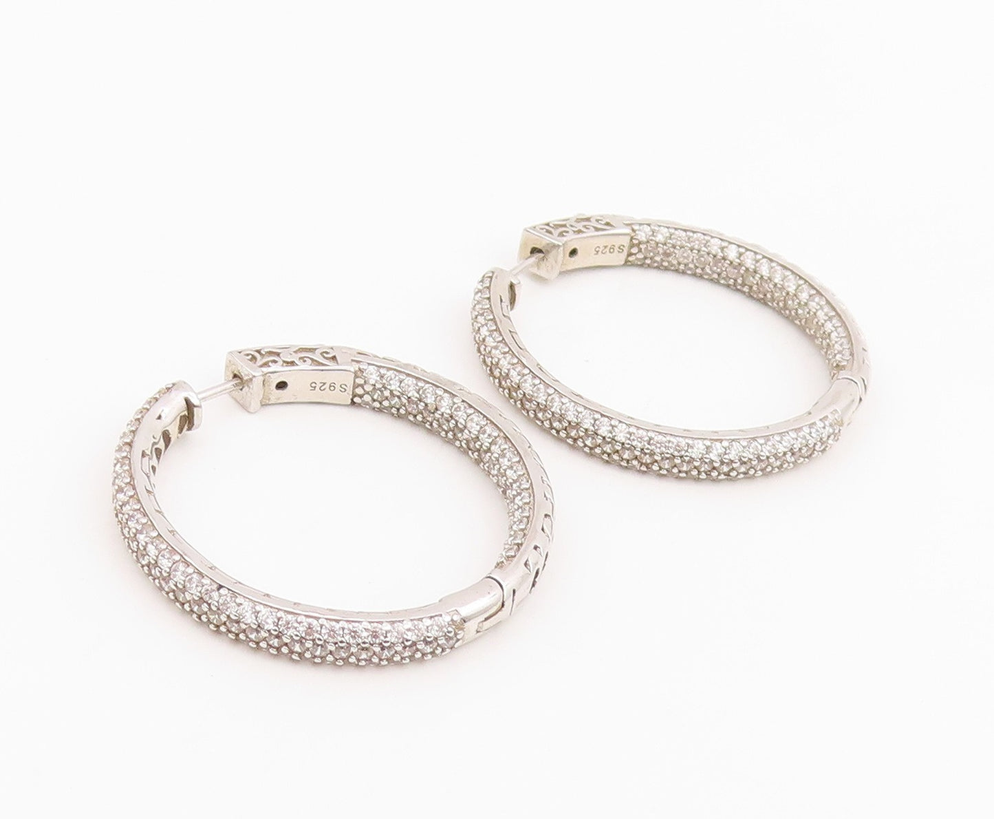 925 Sterling Silver Vintage Earrings Multi Row Sparkling CZ Pave Hoops  EG14070