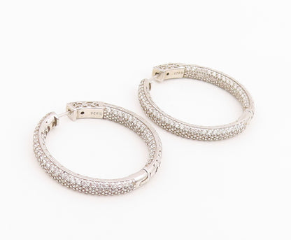 925 Sterling Silver Vintage Earrings Multi Row Sparkling CZ Pave Hoops  EG14070