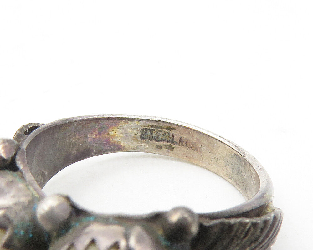 NAVAJO 925 Sterling Silver  Vintage White Agate Floral Band Ring Sz 5  RG10143