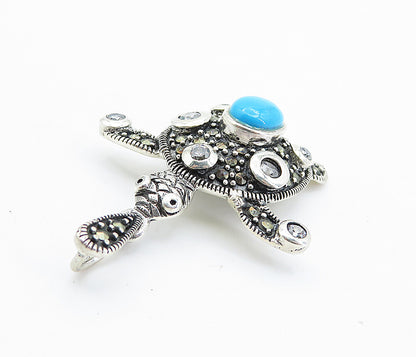 925 Sterling Silver  Vintage Turquoise & Cubic Zirconia Turtle Pendant  PT6067