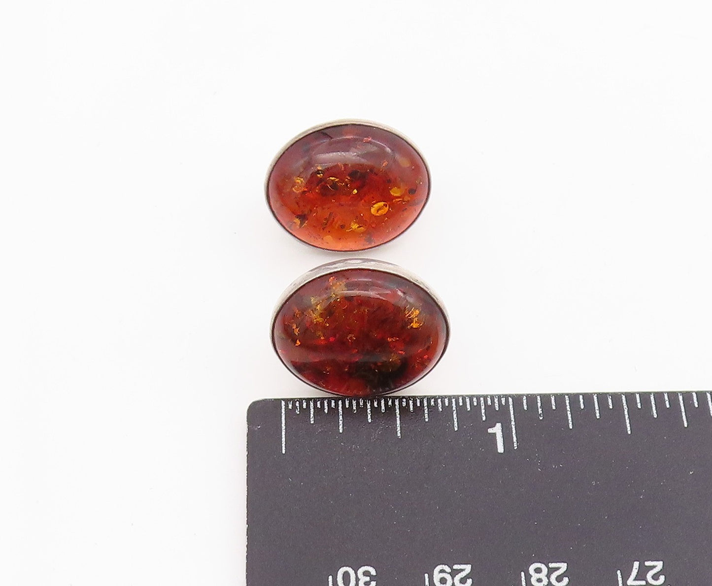 925 Sterling Silver Vintage Earrings POLAND Cabochon Honey Amber Studs  EG13958