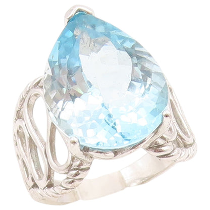 925 Sterling Silver Vintage Ring Pear Cut Blue Topaz Openwork Band Sz 11 RG36439