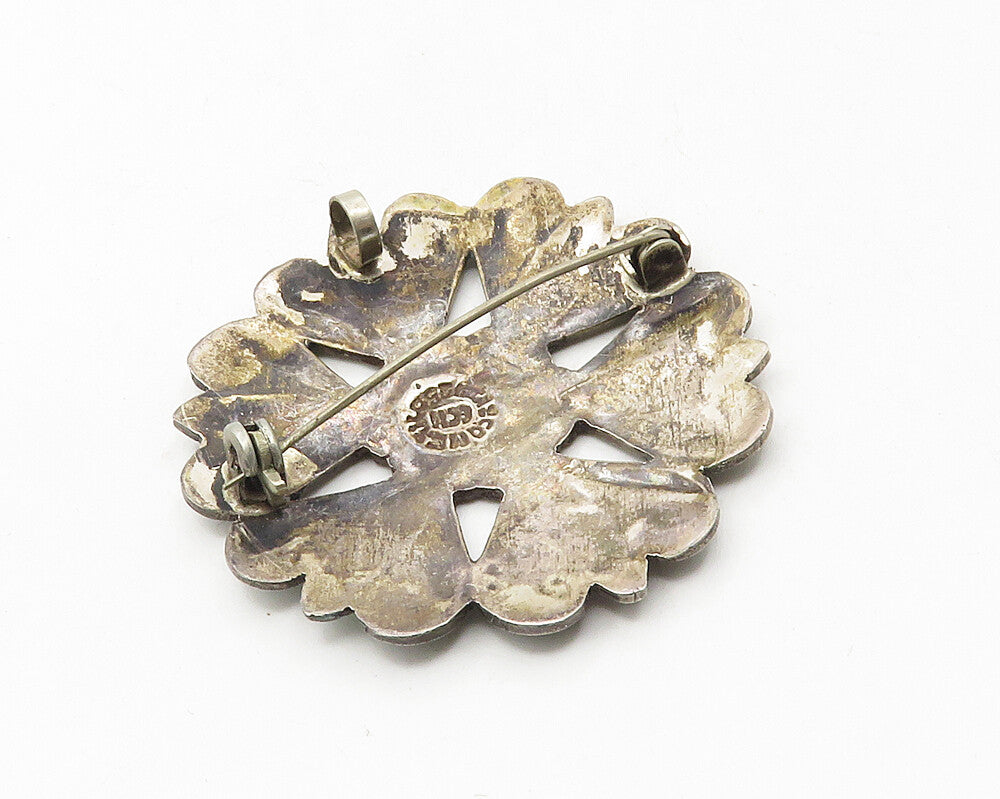 MEXICO 925 Sterling Silver  Vintage Abalone & Jasper Floral Brooch Pin  BP3738