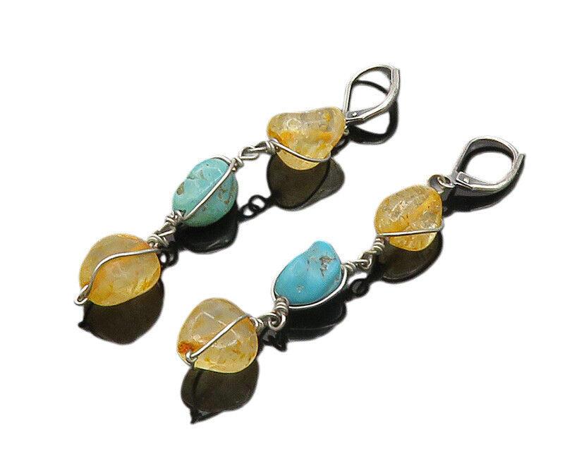 925 Sterling Silver  Vintage Turquoise & Quartz Dangle Earrings  EG10016