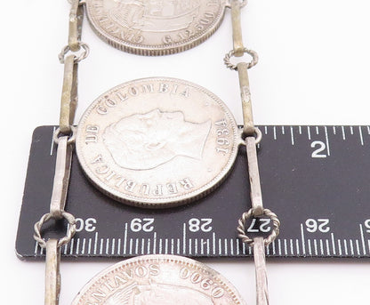 Solid Silver Vintage Necklace Columbia Centavos Long Coin Panel Link  NE4727