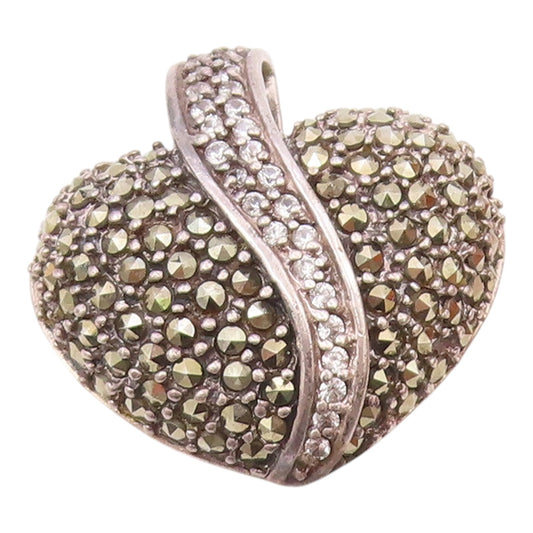 925 Sterling Silver  Vintage Marcasite & Topaz Love Heart Pendant  PT19202