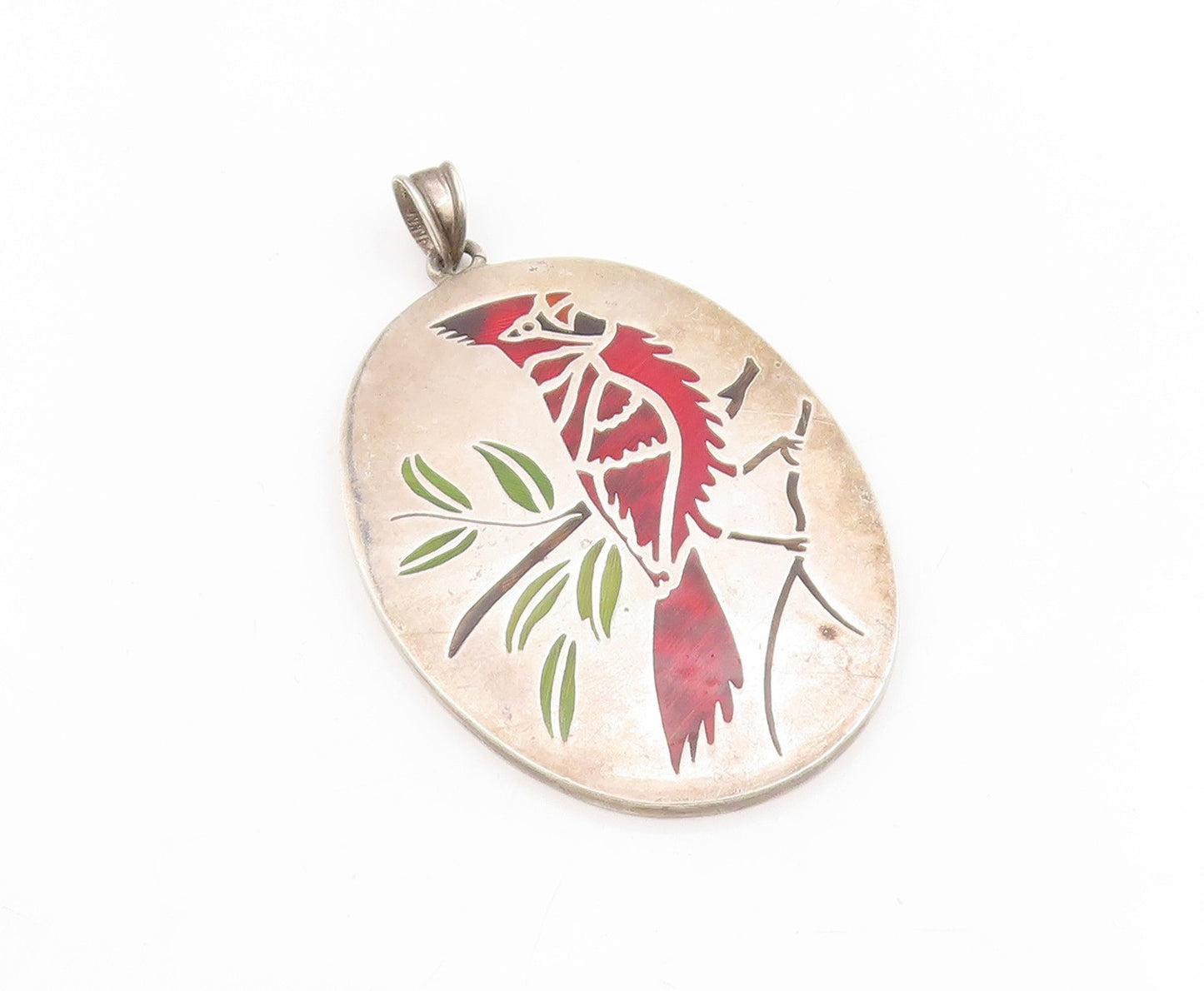 925 Sterling Silver Vintage Pendant Enameled Cardinal Bird On Branch  PT25430