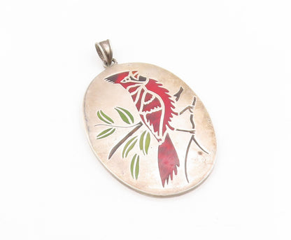 925 Sterling Silver Vintage Pendant Enameled Cardinal Bird On Branch  PT25430