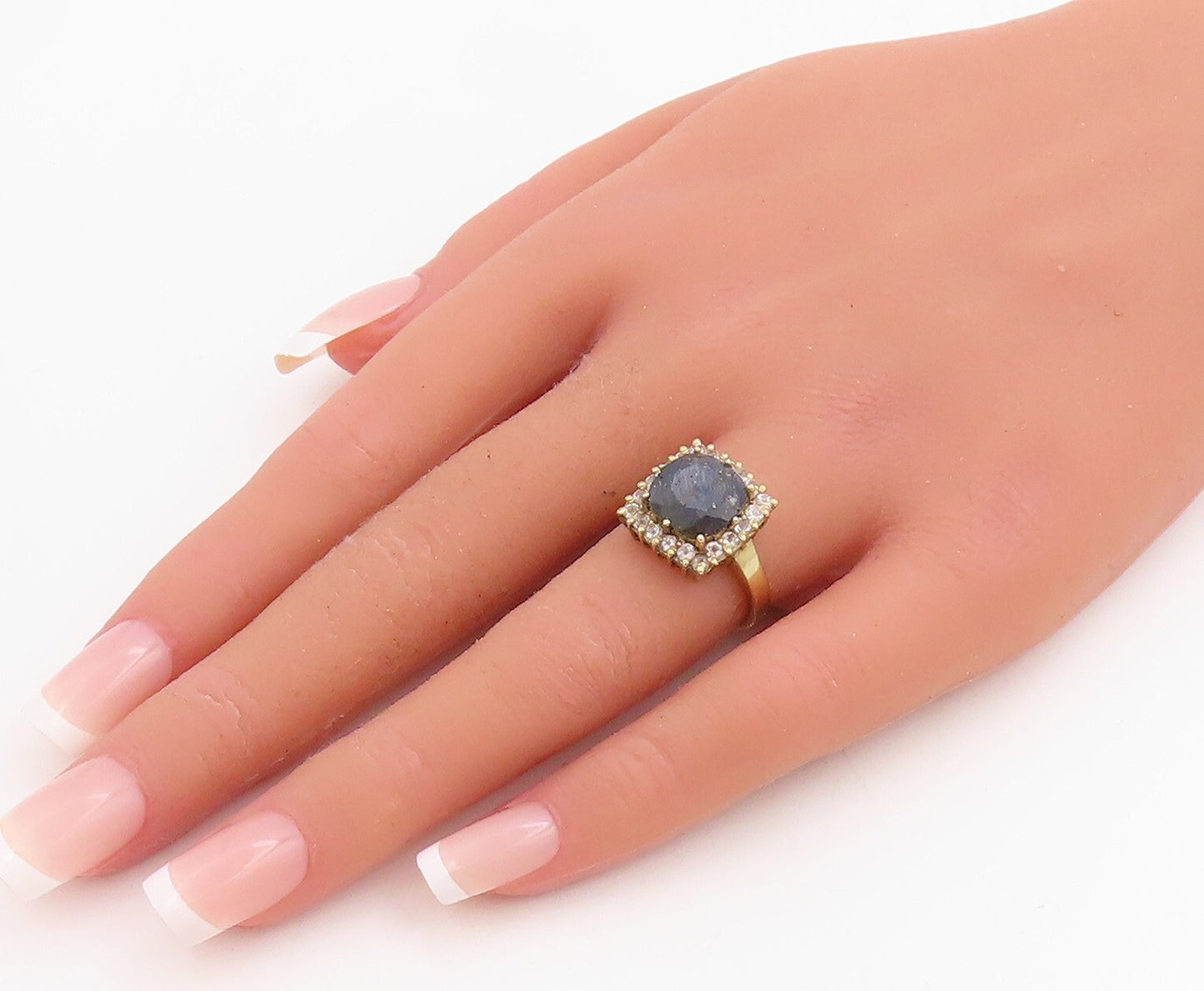 925 Sterling Silver Vintage Ring Gold Plated Square Framed Gem & CZ Sz 6 RG30532