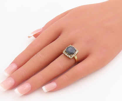 925 Sterling Silver Vintage Ring Gold Plated Square Framed Gem & CZ Sz 6 RG30532