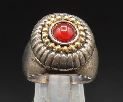 14K GOLD & 925 Silver  Vintage Carnelian Etched Flower Dome Ring Sz 7  RG24578