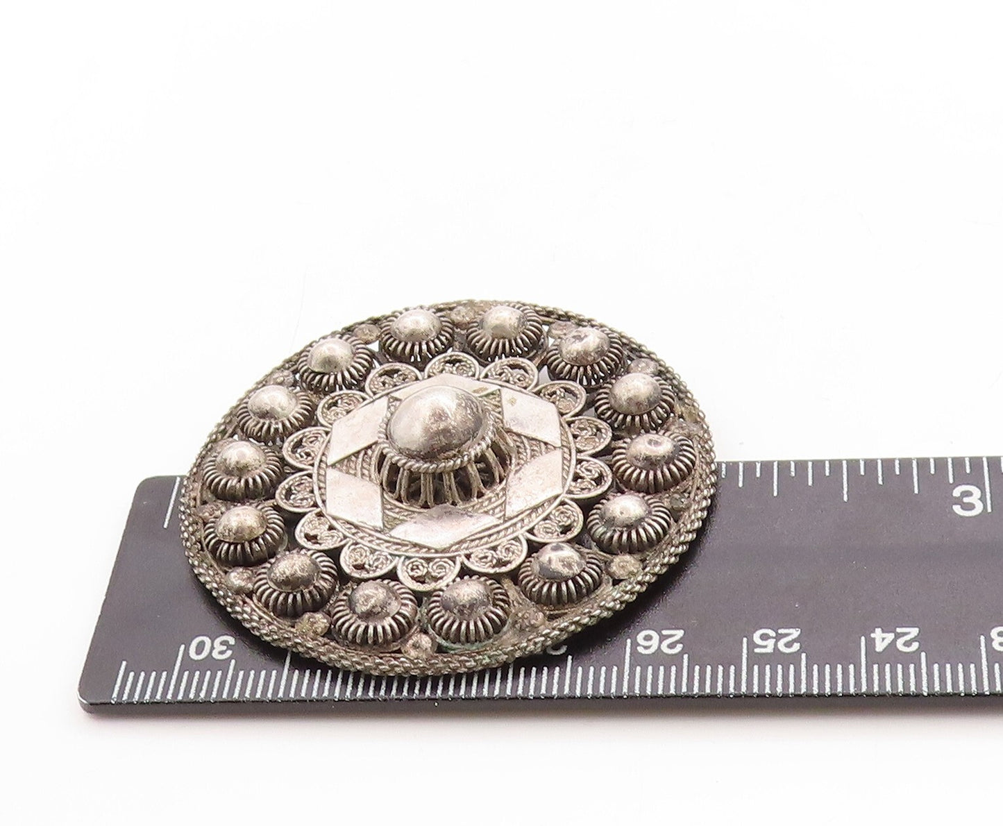 925 Sterling Silver Vintage Brooch Pin Dark Tone Domed Filigree Flower  BP11343