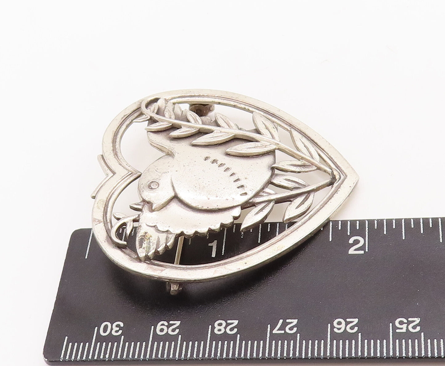 925 Sterling Silver Vintage Brooch Pin Antique Floral Cutout Love Heart  BP11080
