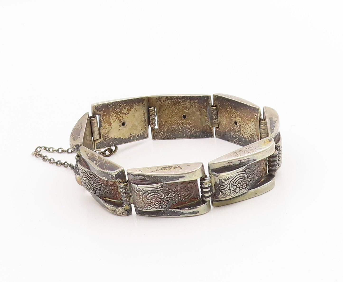 925 Sterling Silver Vintage Bracelet Dark Tone Engraved Floral Panels  BT11417