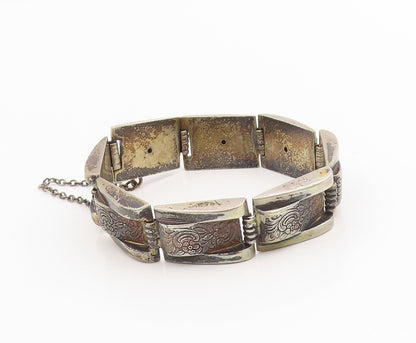 925 Sterling Silver Vintage Bracelet Dark Tone Engraved Floral Panels  BT11417
