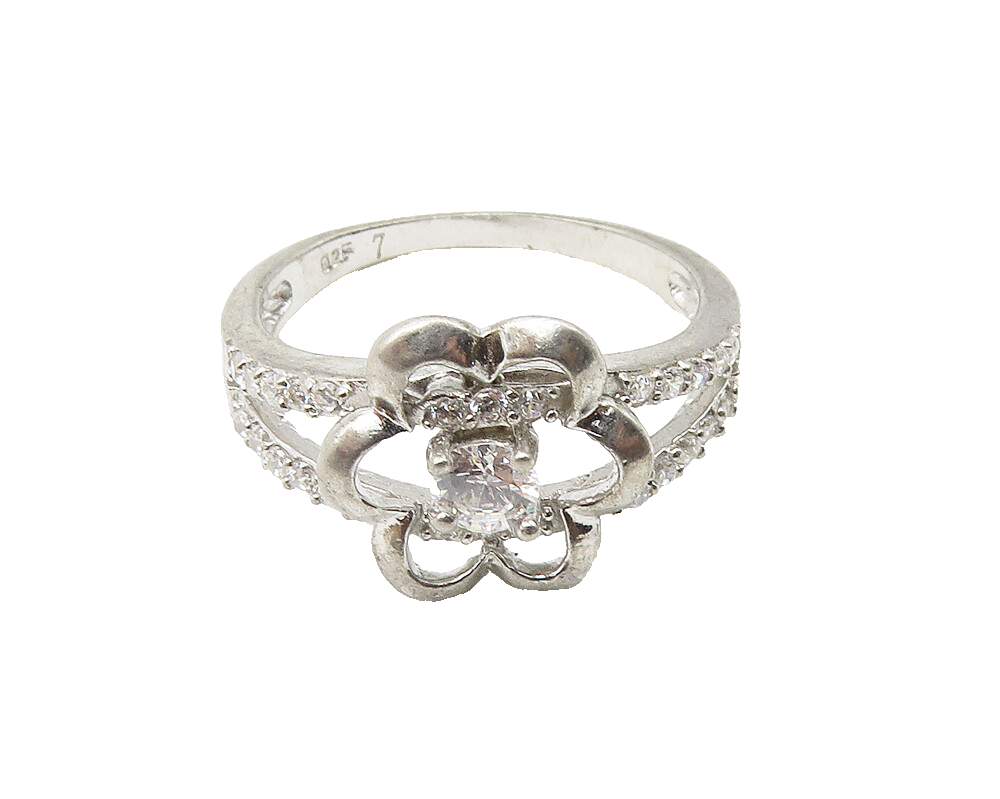 925 Sterling Silver  Cubic Zirconia Open Floral Motif Band Ring Sz 7  RG10362