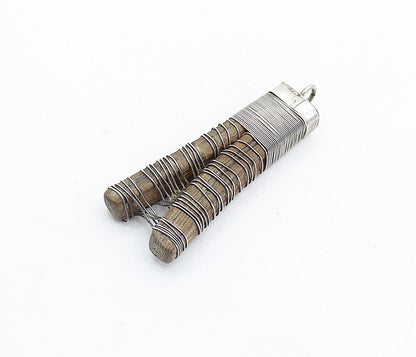 925 Sterling Silver  Vintage Modernist Wire Wrapped Wooden Pendant  PT4395