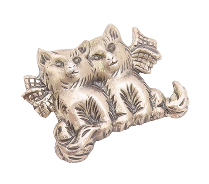 925 Sterling Silver Vintage Brooch Pin Solid  Carved Sitting Lover Cats  BP10755