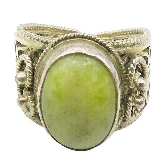 MIDDLE EAST 925 Silver  Vintage Cabochon Serpentine Cocktail Ring Sz 7 RG17699