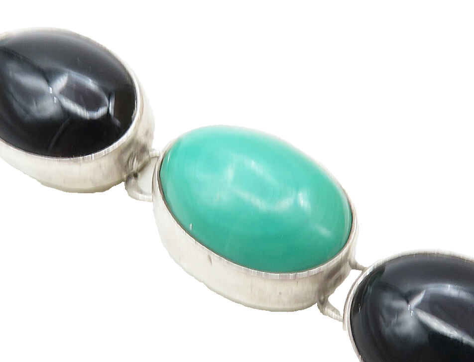 925 Sterling Silver  Vintage Malachite & Black Onyx Chain Bracelet  BT4442