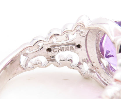 925 Sterling Silver Vintage Ring Swirly Carved Round Cut Amethyst  Sz 9  RG31387