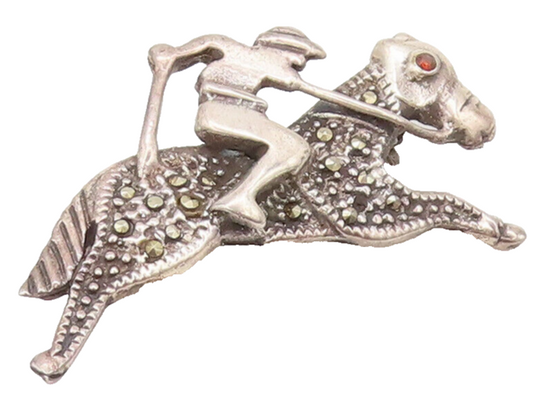 925 Sterling Silver Vintage Brooch Pin Carved Jokey On Marcasite Horse  BP10633