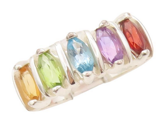 925 Sterling Silver Vintage Ring Marquise Cut Rainbow Color CZ  Sz 8  RG28193