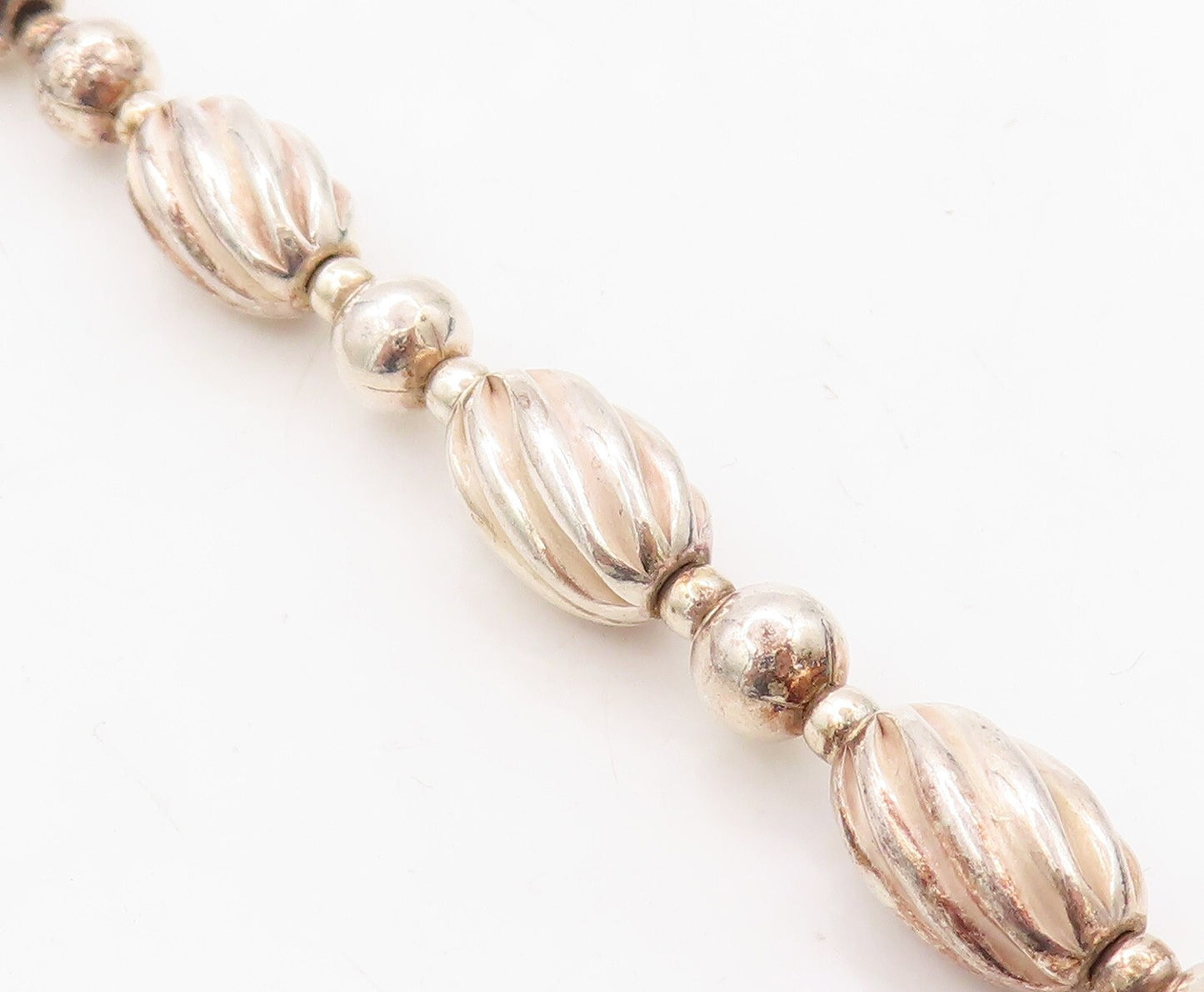 925 Sterling Silver Vintage Necklace Long Grooved Puffed Beads Chain  NE4398