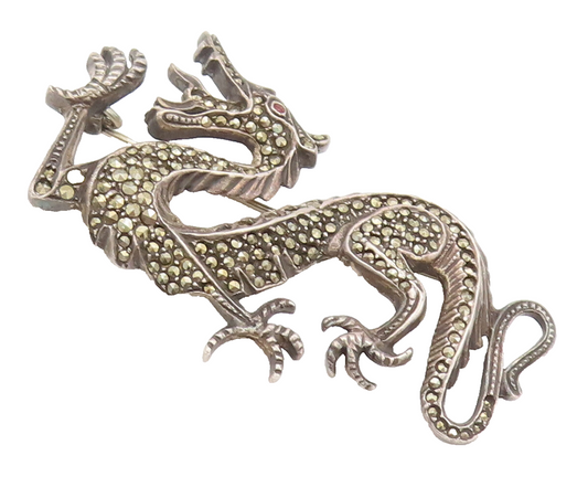 925 Sterling Silver  Vintage Mini Marcasite Chinese Dragon Brooch Pin  BP10423