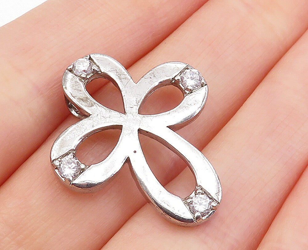 925 Sterling Silver  Shiny Cubic Zirconia Open Religious Cross Pendant  PT3205