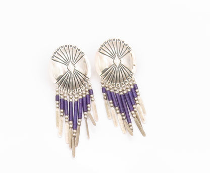 925 Sterling Silver Vintage Earrings NAVAJO Trible Design Etched Dangles EG13482