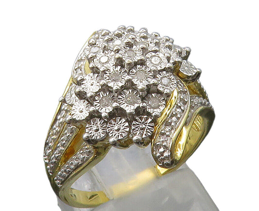 925 Silver  Genuine Diamonds Cluster Two Tone Cocktail Ring Sz 7  RG13385