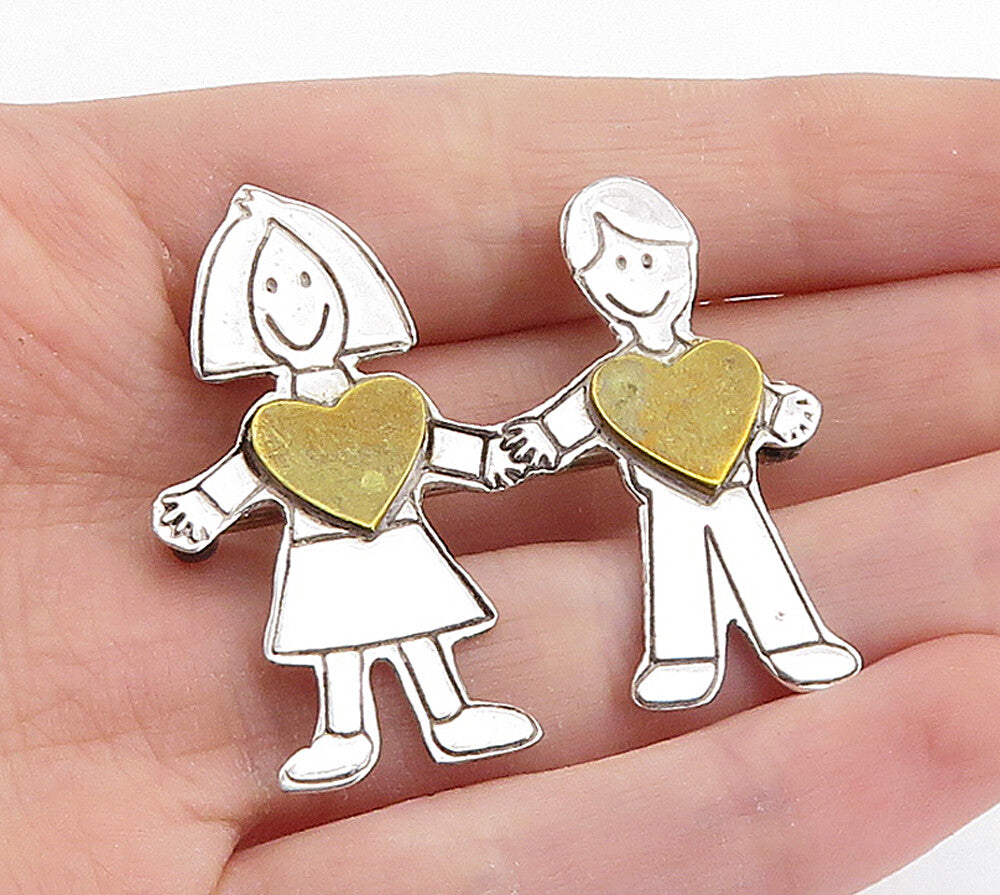 MEXICO 925 Sterling Silver  Vintage 2 Tone Love Heart Couple Brooch Pin BP2745