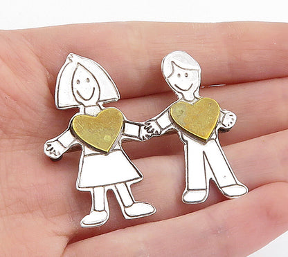 MEXICO 925 Sterling Silver  Vintage 2 Tone Love Heart Couple Brooch Pin BP2745