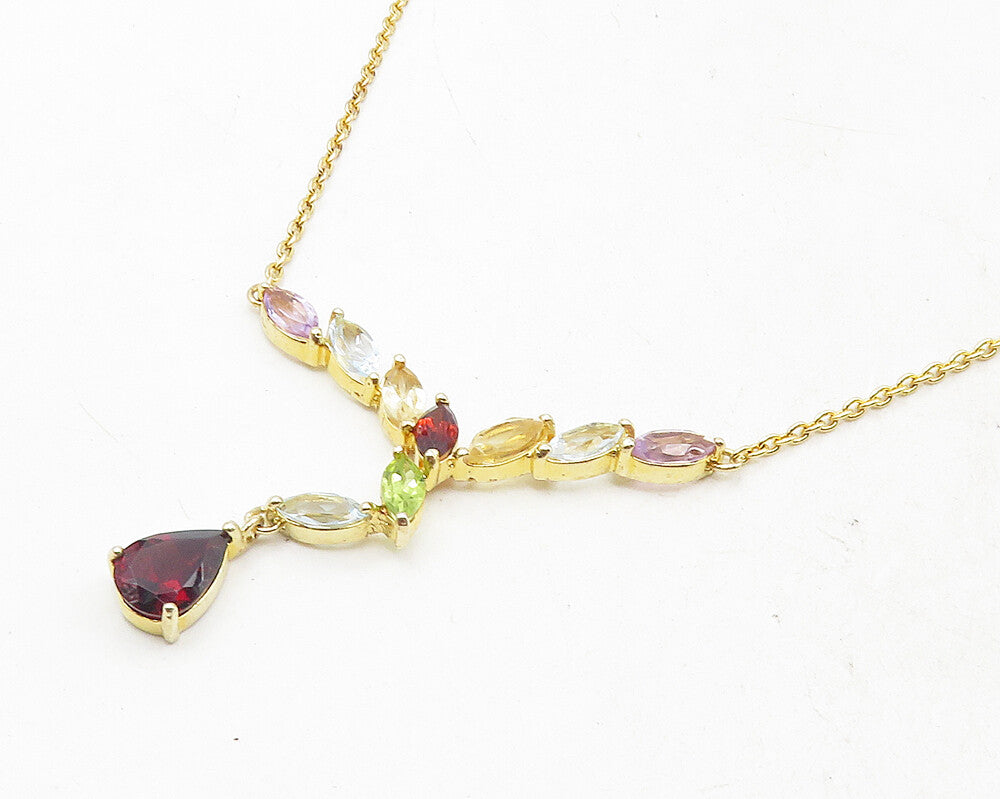 925 Sterling Silver Garnet & Multi Stone Gold Plated Chain Necklace NE1945