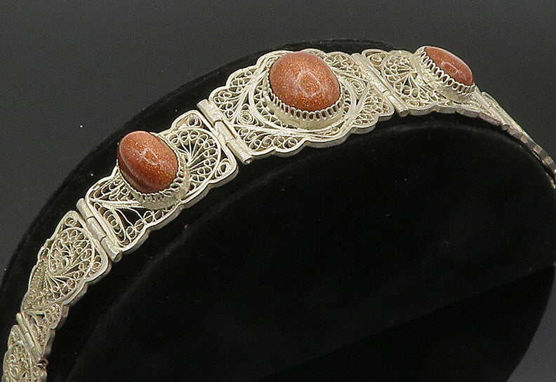 925 Sterling Silver  Vintage Goldstone Filigree Swirl Chain Bracelet  BT8296