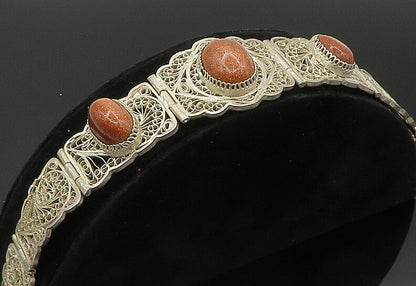 925 Sterling Silver  Vintage Goldstone Filigree Swirl Chain Bracelet  BT8296