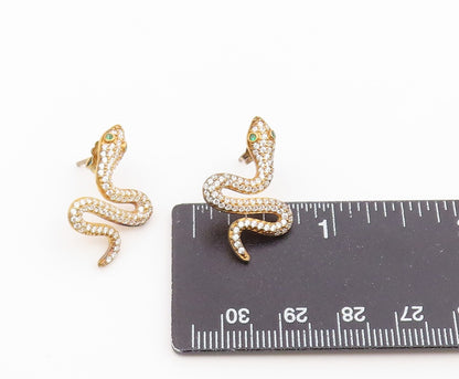 925 Sterling Silver Vintage Earrings Gold Plated CZ Pave Cosmic Snake  EG14486