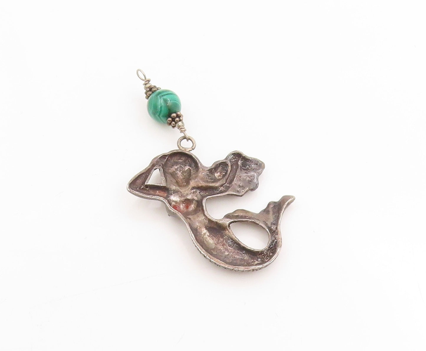 925 Sterling Silver Vintage Pendant Malachite Beaded Mermaid Locket  PT25371