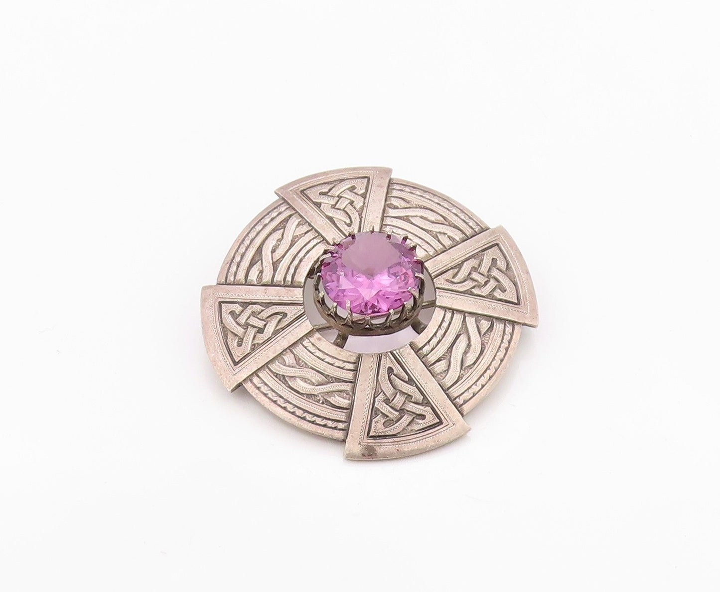 925 Sterling Silver Vintage Brooch Pin Amethyst Celtic Knotwork Shield  BP12570