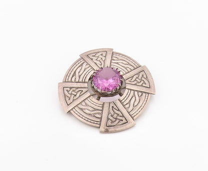 925 Sterling Silver Vintage Brooch Pin Amethyst Celtic Knotwork Shield  BP12570