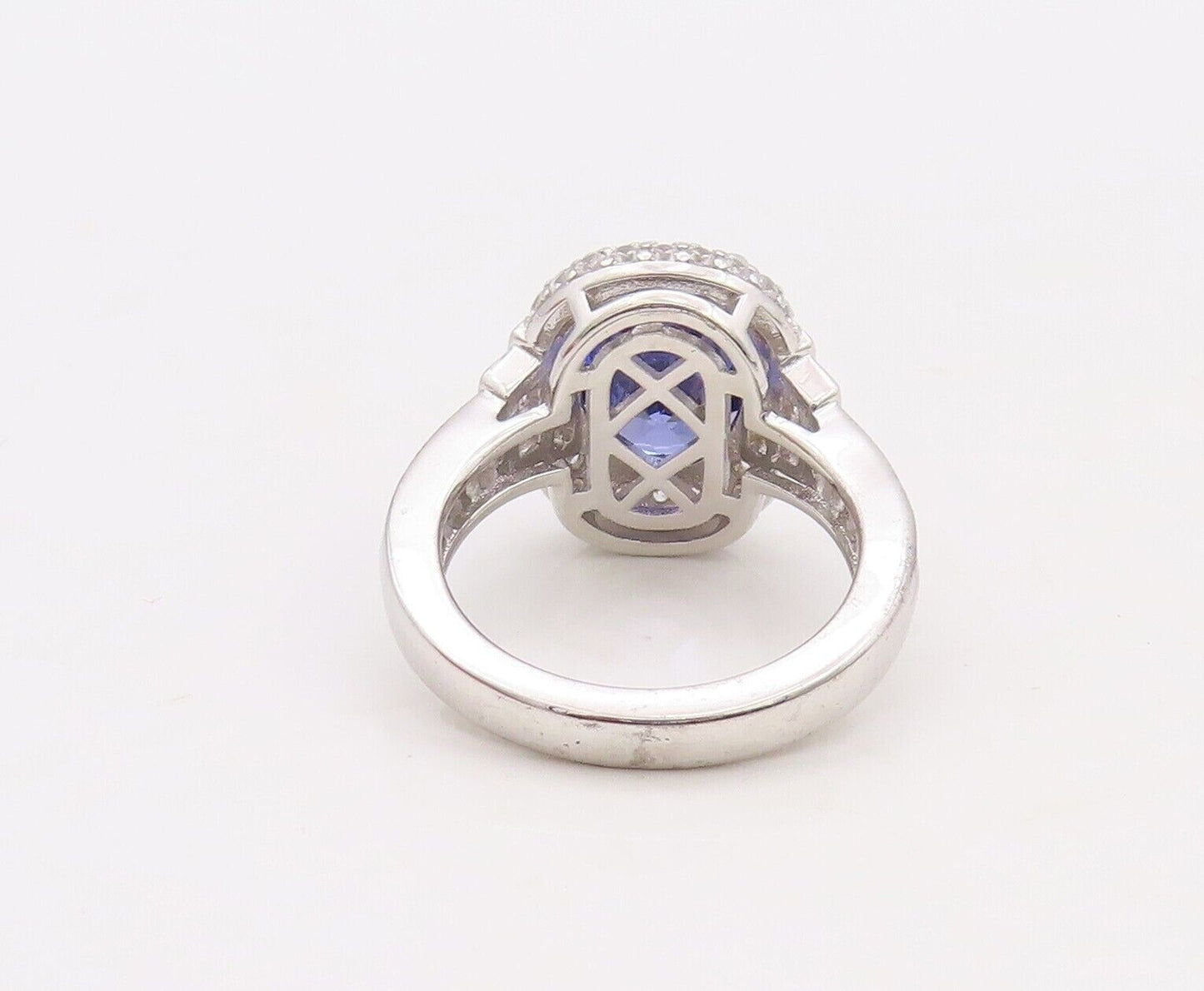 925 Sterling Silver Vintage Ring Designer Oval Sapphire Halo CZ  Sz 7.5  RG30052