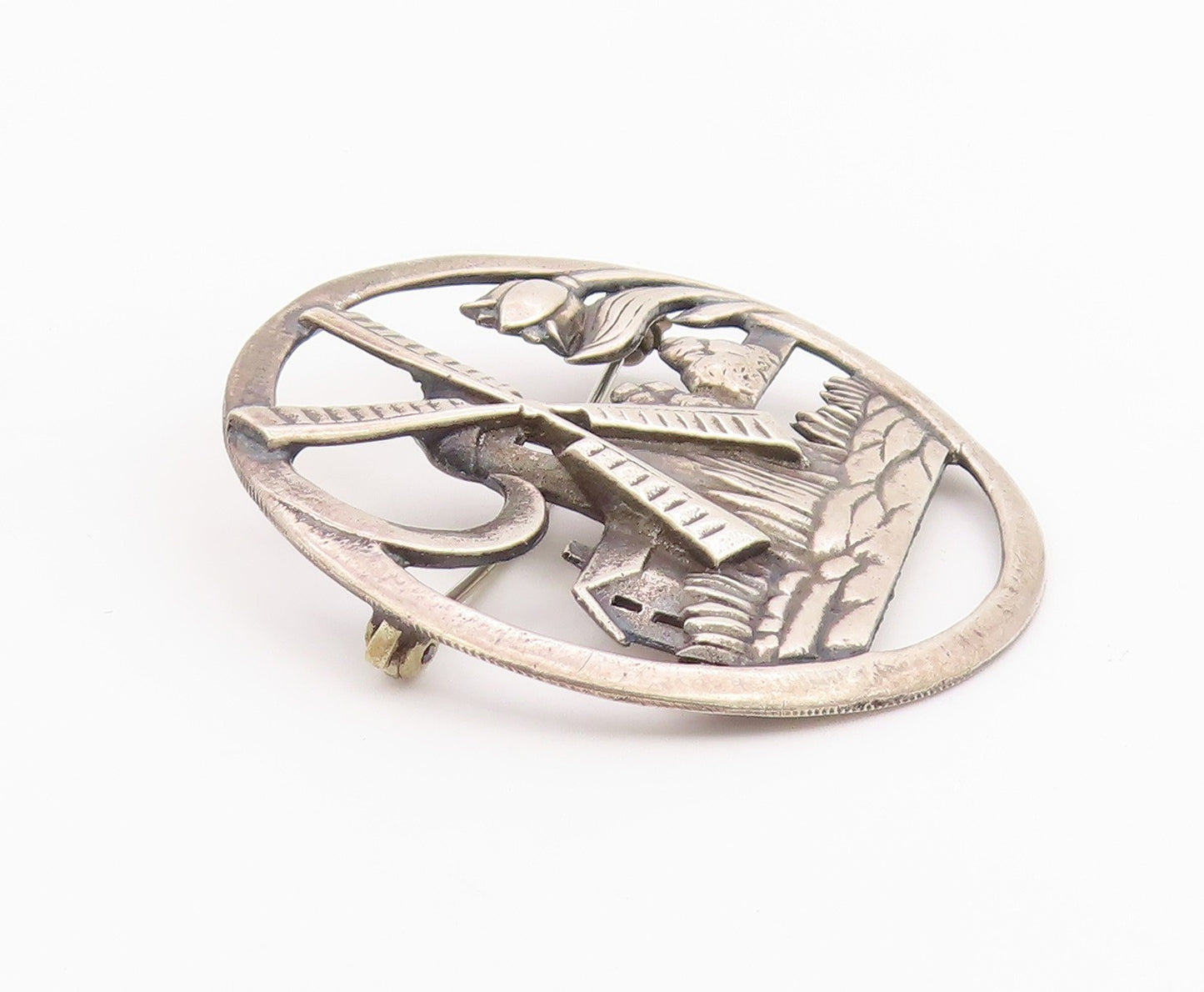 925 Sterling Silver  Vintage Windmill Floral Scene Round Brooch Pin  BP3640