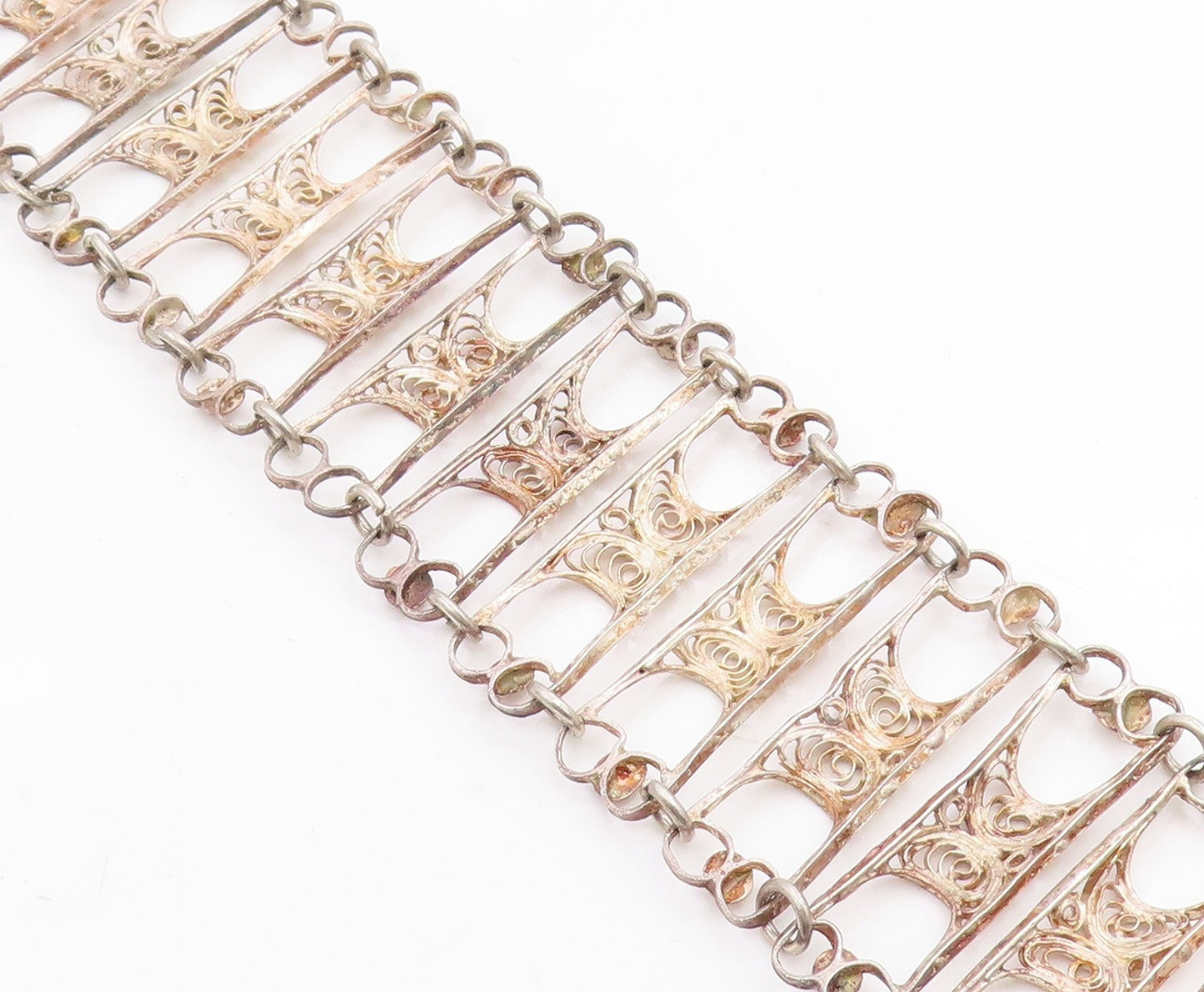 925 Sterling Silver Vintage Bracelet Intricate Filigree Wide Panel Link  BT12040