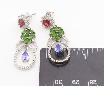 925 Sterling Silver Vintage Earrings Multi Gemstone Floral Leaf Dangle  EG13835