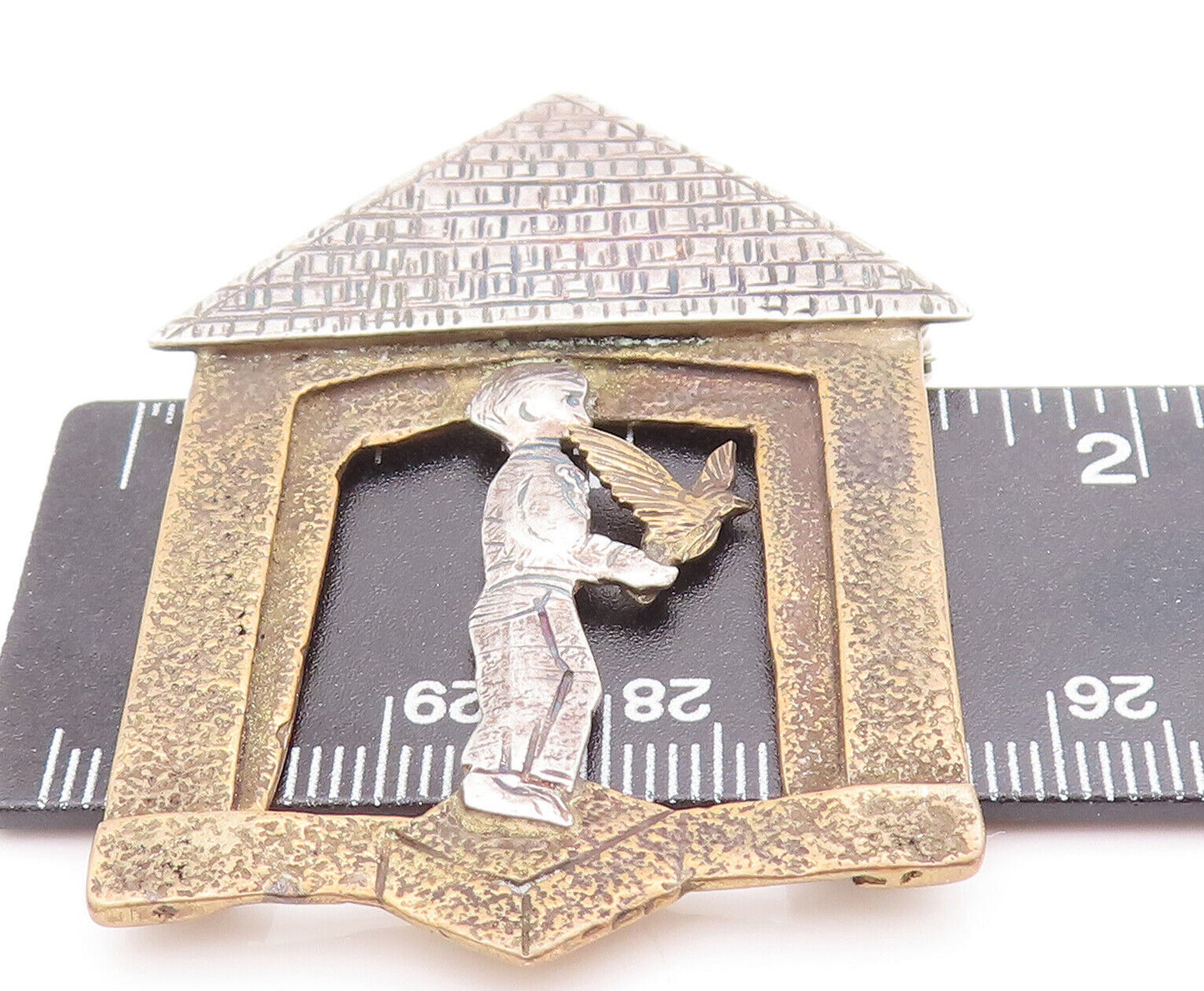925 Sterling Silver Vintage Brooch Pin COURTNEY Carved Boy With Bird  BP10794