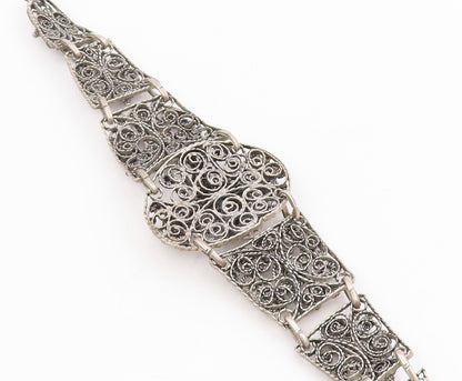 925 Sterling Silver Vintage Bracelet Turquoise Intricate Floral Filigree BT11710