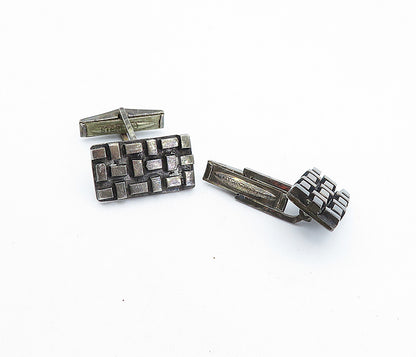 925 Sterling Silver  Vintage Oxidized Raised Pattern Square Cuff Links  TR1061