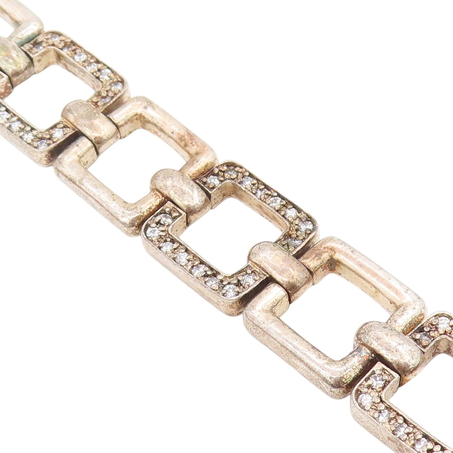 925 Sterling Silver Vintage Bracelet CZ Hollow Geometric Square Link  BT11698
