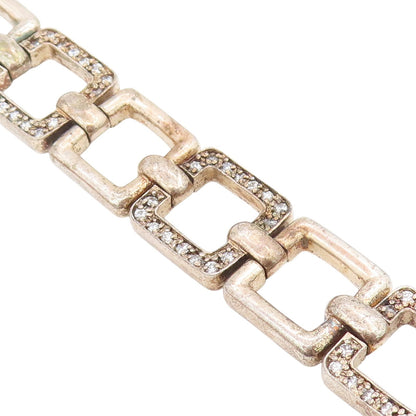 925 Sterling Silver Vintage Bracelet CZ Hollow Geometric Square Link  BT11698